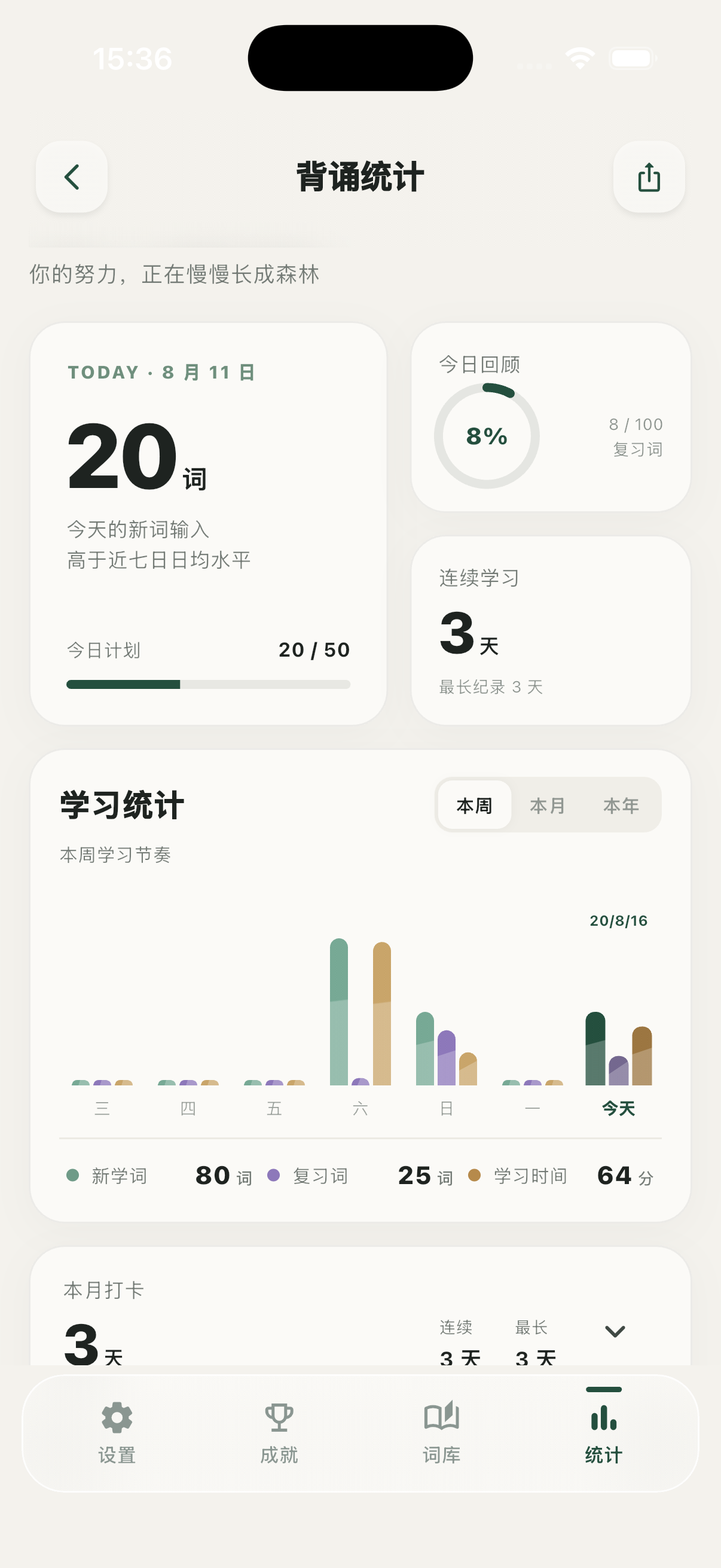 松果单词背诵统计截图